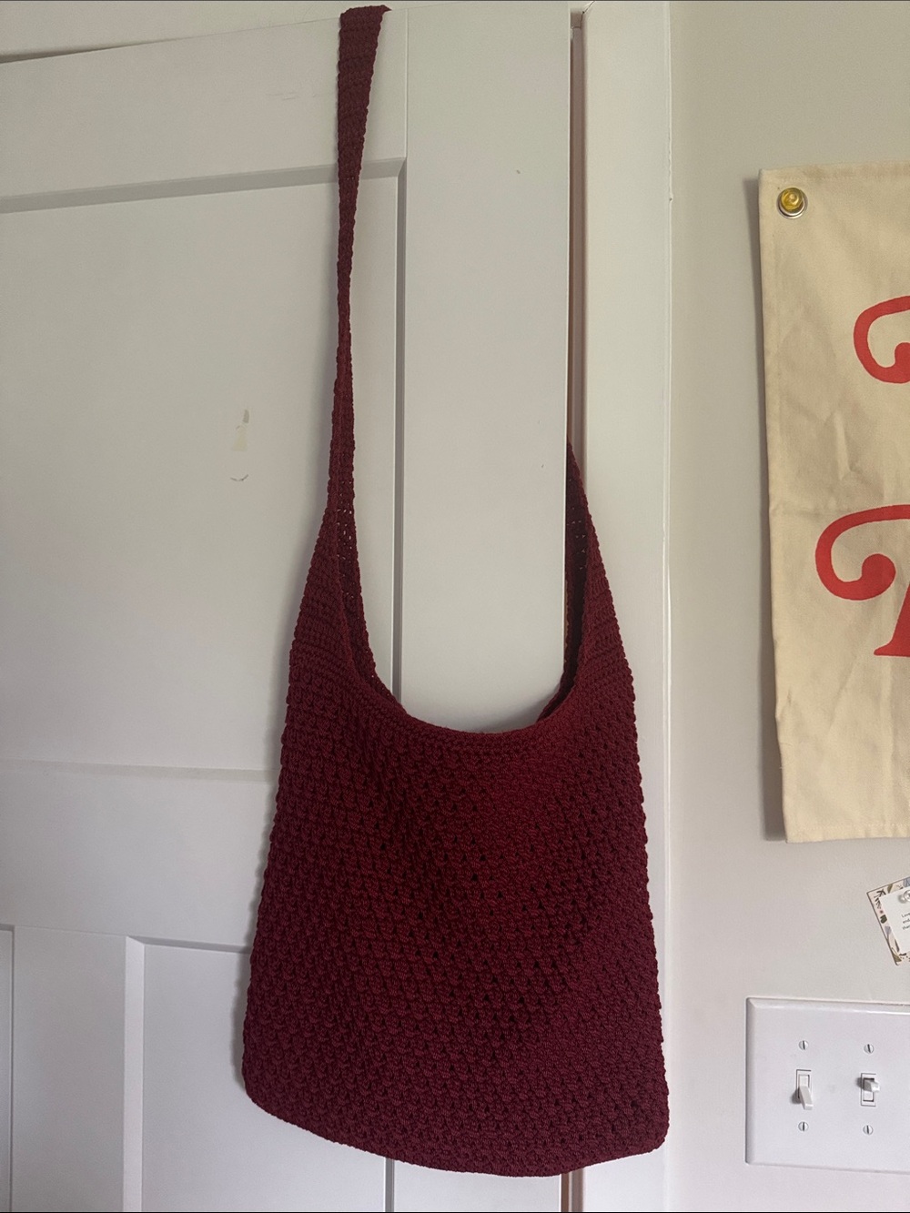 Crochet Shoulder Bag with Zipper Pocket in Deep Burgundy